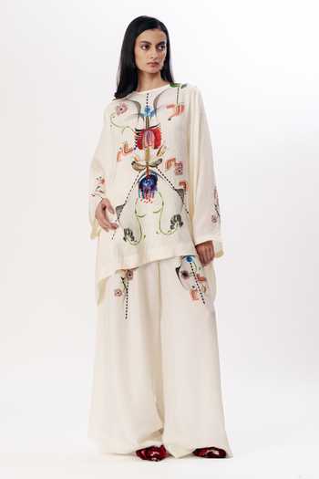 AK-OK_Multi Color Silk Round Neck, Yes Motif Print Boxy Kurta And Pleated Trouser Set _at_Aza_Fashions