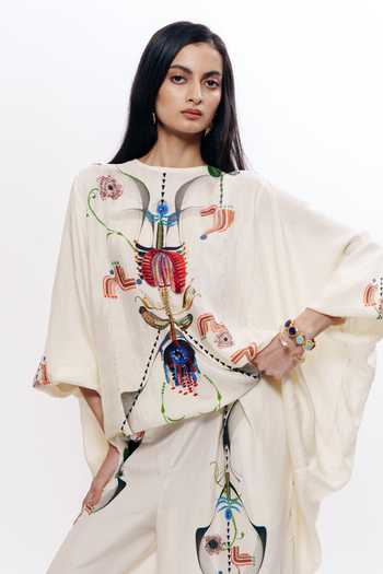 Buy_AK-OK_Multi Color Silk Round Neck, Yes Motif Print Boxy Kurta And Pleated Trouser Set 