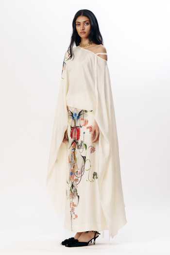 AK-OK_Multi Color Silk One Shoulder Print Draped Top With Skirt _Online_at_Aza_Fashions