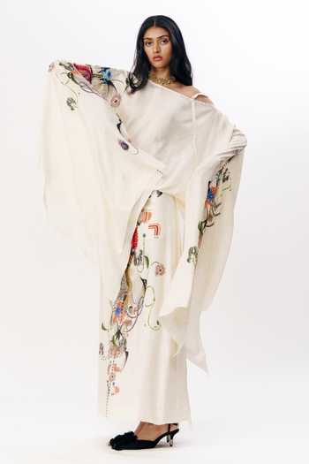 Buy_AK-OK_Multi Color Silk One Shoulder Print Draped Top With Skirt _Online_at_Aza_Fashions