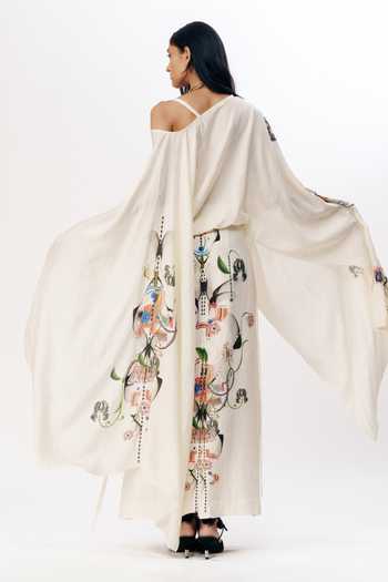 Shop_AK-OK_Multi Color Silk One Shoulder Print Draped Top With Skirt _at_Aza_Fashions