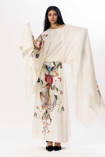 Shop_AK-OK_Multi Color Silk One Shoulder Print Draped Top With Skirt _Online_at_Aza_Fashions
