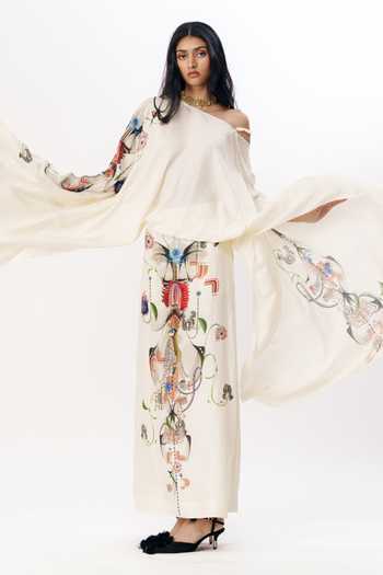 AK-OK_Multi Color Silk One Shoulder Print Draped Top With Skirt _at_Aza_Fashions