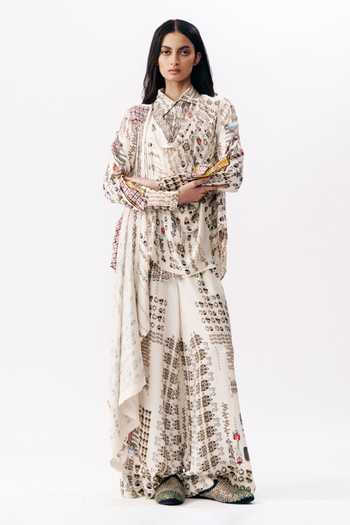 Buy_AK-OK_Multi Color Satin Cowl Neck Printed Draped Top And Pant Set _at_Aza_Fashions