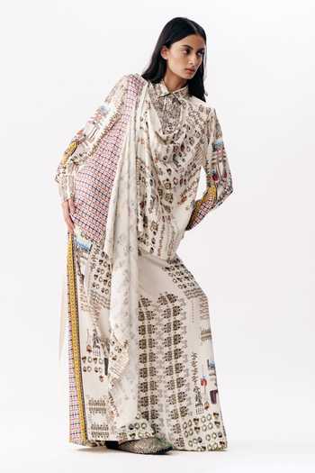 AK-OK_Multi Color Satin Cowl Neck Printed Draped Top And Pant Set _Online_at_Aza_Fashions