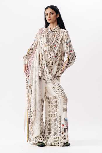 AK-OK_Multi Color Satin Cowl Neck Printed Draped Top And Pant Set _at_Aza_Fashions