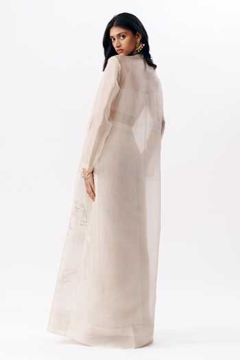 Shop_AK-OK_Ivory Organza Round Neck Embroidered Layered Angarkha Top And Trouser Set _at_Aza_Fashions