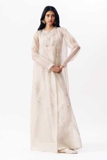 AK-OK_Ivory Organza Round Neck Embroidered Layered Angarkha Top And Trouser Set _Online_at_Aza_Fashions