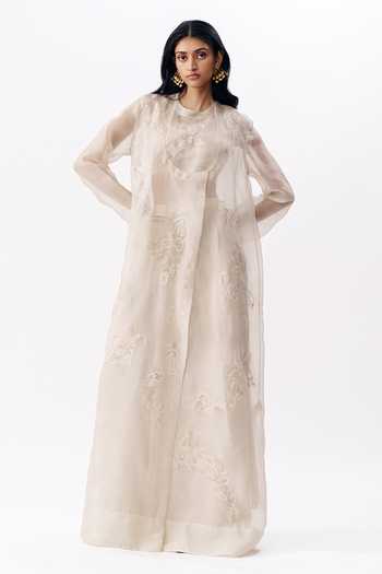 Buy_AK-OK_Ivory Organza Round Neck Embroidered Layered Angarkha Top And Trouser Set _Online_at_Aza_Fashions