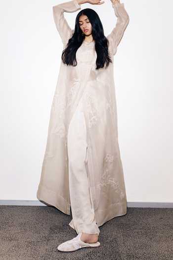 AK-OK_Ivory Organza Round Neck Embroidered Layered Angarkha Top And Trouser Set _at_Aza_Fashions