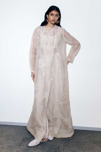 Buy_AK-OK_Ivory Organza Round Neck Embroidered Layered Angarkha Top And Trouser Set 