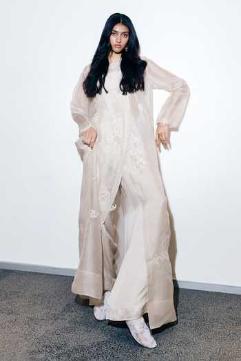 Shop_AK-OK_Ivory Organza Round Neck Embroidered Layered Angarkha Top And Trouser Set 
