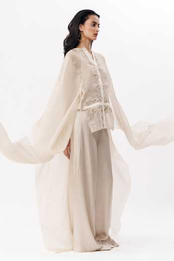 Buy_AK-OK_Ivory Organza V-neck Chikankari Embroidered Cape Trouser Set _Online_at_Aza_Fashions
