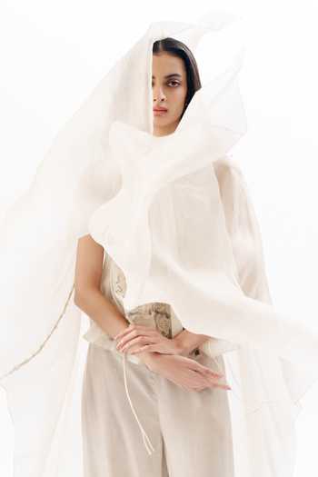 Shop_AK-OK_Ivory Organza V-neck Chikankari Embroidered Cape Trouser Set _Online_at_Aza_Fashions