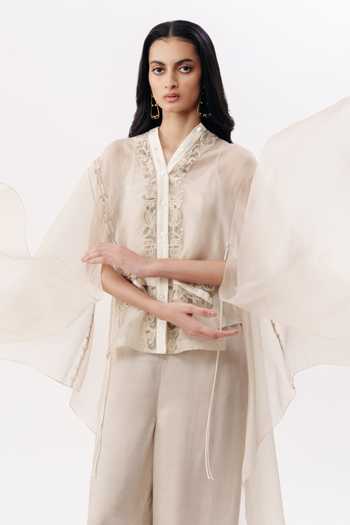 AK-OK_Ivory Organza V-neck Chikankari Embroidered Cape Trouser Set _at_Aza_Fashions