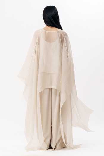 Shop_AK-OK_Ivory Organza V-neck Chikankari Embroidered Cape Trouser Set _at_Aza_Fashions
