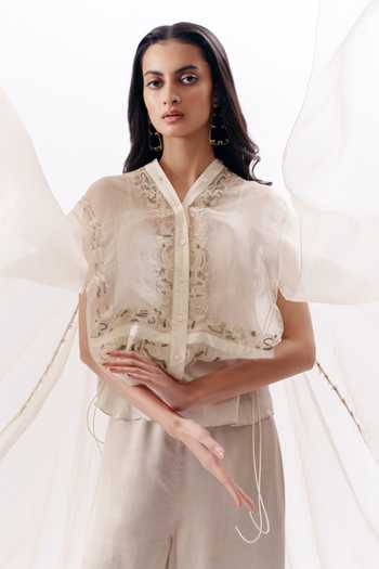 Buy_AK-OK_Ivory Organza V-neck Chikankari Embroidered Cape Trouser Set 