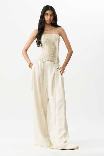 Shop_AK-OK_Ivory Organza Embroidery Bandeau Neck Chikankari Work Corset And Trouser Set _at_Aza_Fashions