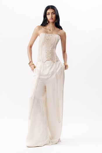 AK-OK_Ivory Organza Embroidery Bandeau Neck Chikankari Work Corset And Trouser Set _Online_at_Aza_Fashions