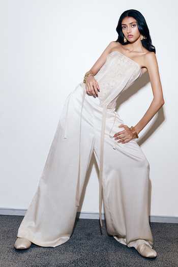 AK-OK_Ivory Organza Embroidery Bandeau Neck Chikankari Work Corset And Trouser Set _at_Aza_Fashions