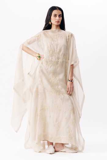 Buy_AK-OK_Ivory Organza Boat Neck Chikankari Work Kaftan Dress _at_Aza_Fashions