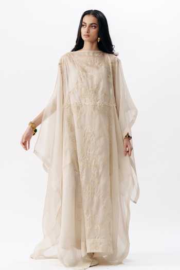 Buy_AK-OK_Ivory Organza Boat Neck Chikankari Work Kaftan Dress _Online_at_Aza_Fashions