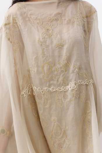 AK-OK_Ivory Organza Boat Neck Chikankari Work Kaftan Dress _at_Aza_Fashions