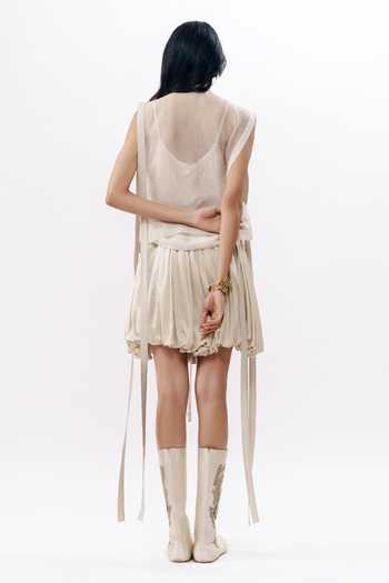 Shop_AK-OK_Ivory Organza Mandarin Collar, Bandeau Neck Chikankari Jacket And Skirt Set _at_Aza_Fashions