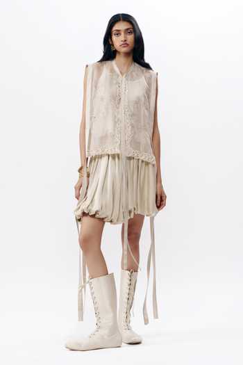 AK-OK_Ivory Organza Mandarin Collar, Bandeau Neck Chikankari Jacket And Skirt Set _Online_at_Aza_Fashions