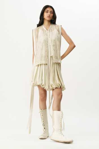 Buy_AK-OK_Ivory Organza Mandarin Collar, Bandeau Neck Chikankari Jacket And Skirt Set _Online_at_Aza_Fashions