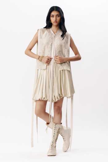Shop_AK-OK_Ivory Organza Mandarin Collar, Bandeau Neck Chikankari Jacket And Skirt Set _Online_at_Aza_Fashions