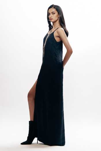 Buy_AK-OK_Black Silk Scoop Neck Cord Strappy Dress _Online_at_Aza_Fashions