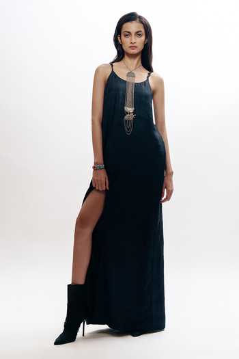 Buy_AK-OK_Black Silk Scoop Neck Cord Strappy Dress _at_Aza_Fashions