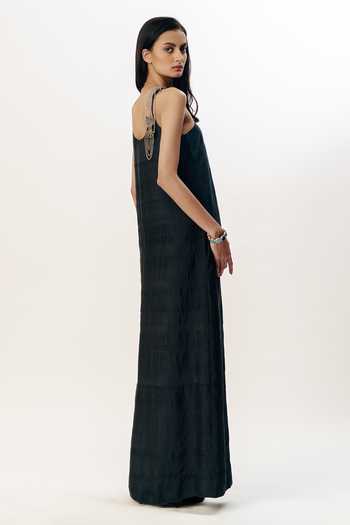 Shop_AK-OK_Black Silk Scoop Neck Cord Strappy Dress _Online_at_Aza_Fashions