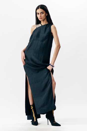 Shop_AK-OK_Black Silk One Shoulder Dress _Online_at_Aza_Fashions