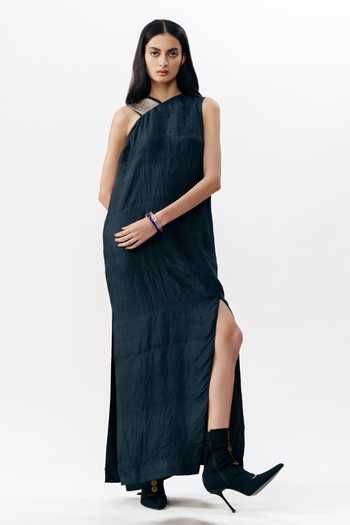 AK-OK_Black Silk One Shoulder Dress _at_Aza_Fashions