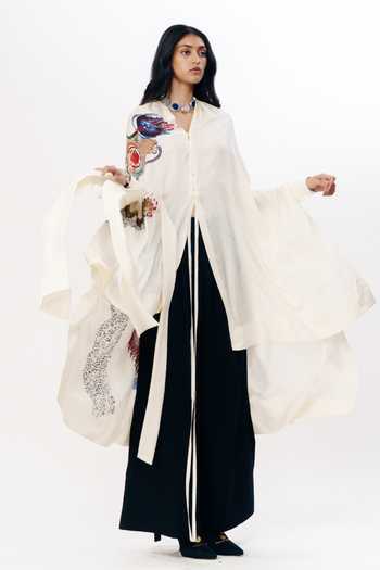 AK-OK_Multi Color Silk Open Neck Asymmetric Embroidered Cape _at_Aza_Fashions