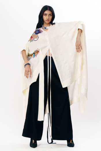 Buy_AK-OK_Multi Color Silk Open Neck Asymmetric Embroidered Cape 