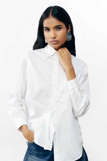 AK-OK_White Cotton Collared Neck Silver Bead Embroidered Shirt _Online_at_Aza_Fashions