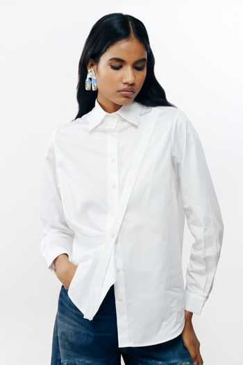 Buy_AK-OK_White Cotton Collared Neck Silver Bead Embroidered Shirt _Online_at_Aza_Fashions
