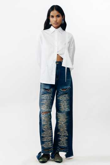 Shop_AK-OK_White Cotton Collared Neck Silver Bead Embroidered Shirt _Online_at_Aza_Fashions