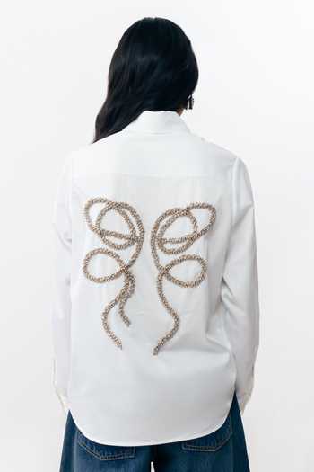 Shop_AK-OK_White Cotton Collared Neck Silver Bead Embroidered Shirt _at_Aza_Fashions