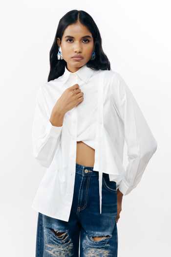 AK-OK_White Cotton Collared Neck Silver Bead Embroidered Shirt _at_Aza_Fashions