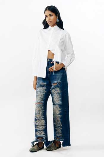 Buy_AK-OK_White Cotton Collared Neck Silver Bead Embroidered Shirt 