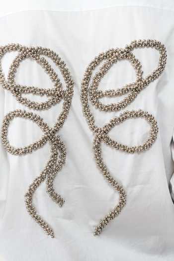 Shop_AK-OK_White Cotton Collared Neck Silver Bead Embroidered Shirt 