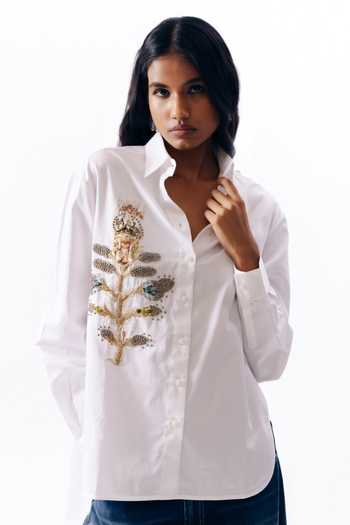 Buy_AK-OK_White Cotton Collared Neck Printed Patchwork Shirt _at_Aza_Fashions