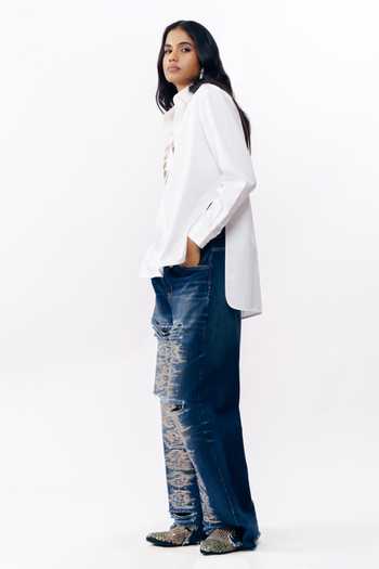 AK-OK_White Cotton Collared Neck Printed Patchwork Shirt _Online_at_Aza_Fashions