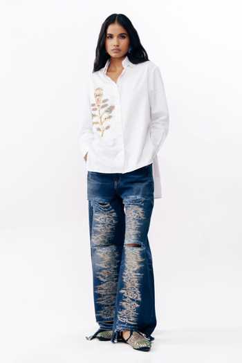 Buy_AK-OK_White Cotton Collared Neck Printed Patchwork Shirt _Online_at_Aza_Fashions
