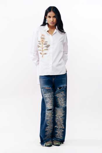 Shop_AK-OK_White Cotton Collared Neck Printed Patchwork Shirt _Online_at_Aza_Fashions