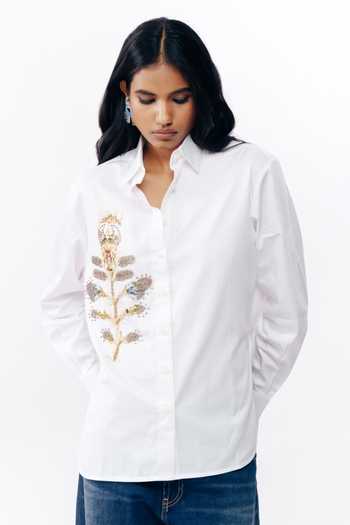 AK-OK_White Cotton Collared Neck Printed Patchwork Shirt _at_Aza_Fashions